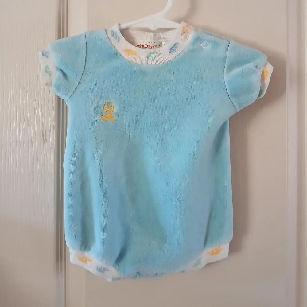 Retro 70s Vintage Blue Velour Baby One Piece Romper Yellow Green Ducks 3 Mo.